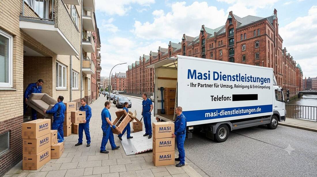 Masi Team lädt Umzugskartons vor einem Gebäude in Hamburg