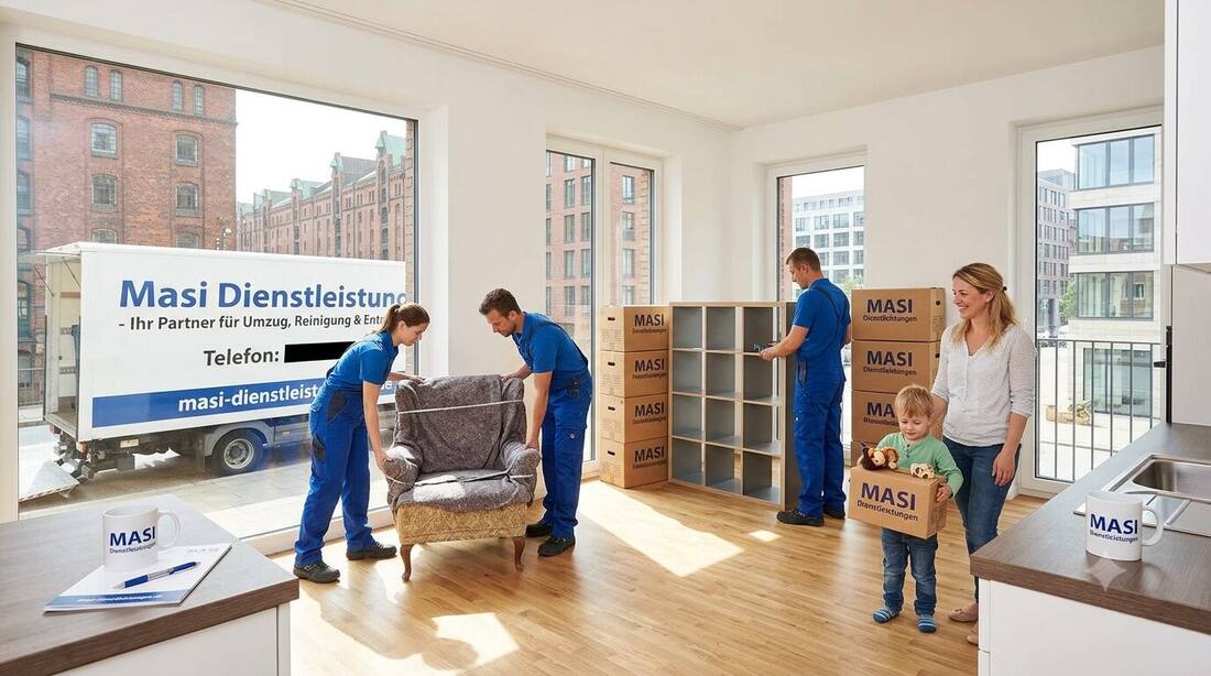 Masi Umzugsteam trägt Möbel in eine helle Wohnung in Hamburg